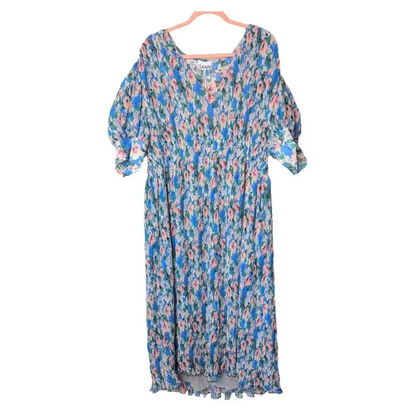 Ganni Floral Tent Dress Blue Green Midi Length Modest Pleated - Picture 7 of 16